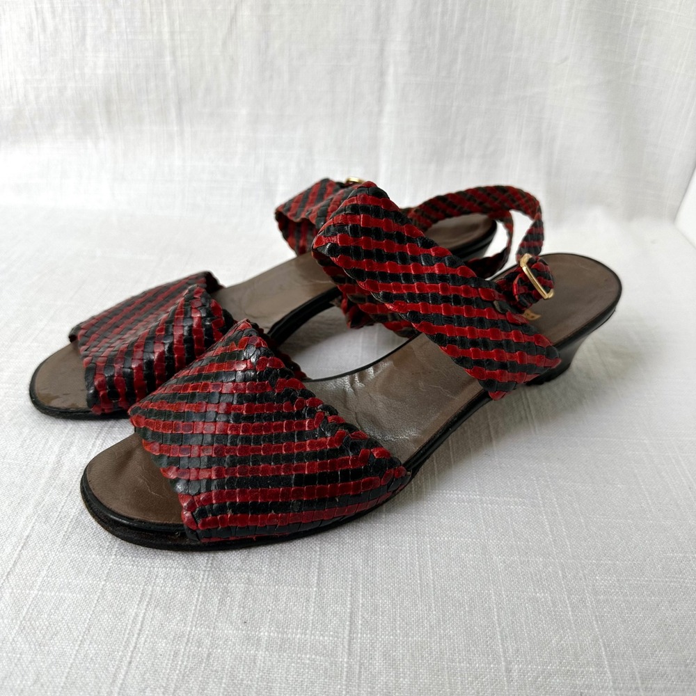 Bally Vintage Woven Leather Sandals Red Black Striped Slingback Low Heel 6